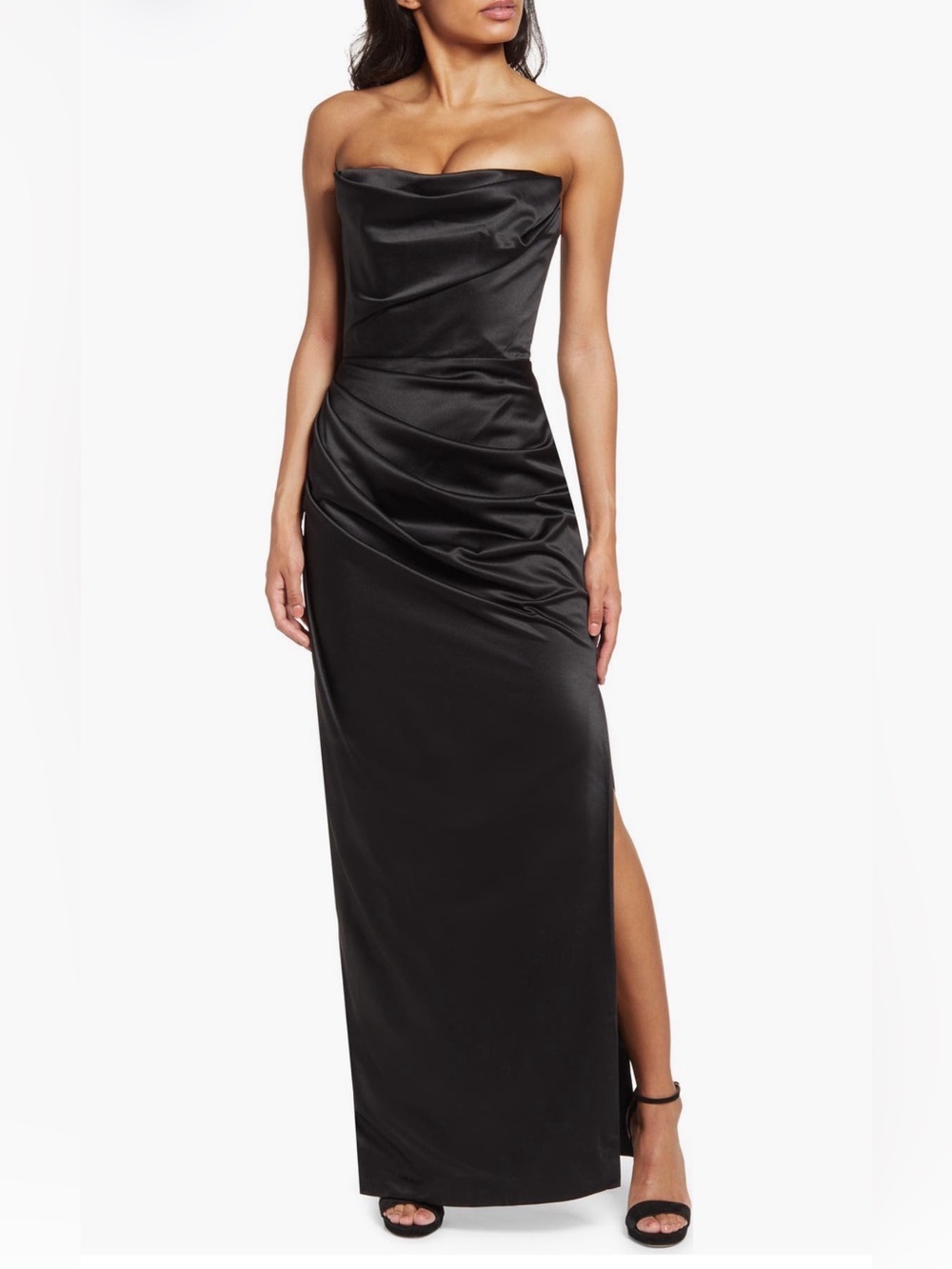 House of CB Strapless Adrianne Black Satin Strapless Gown Size S
